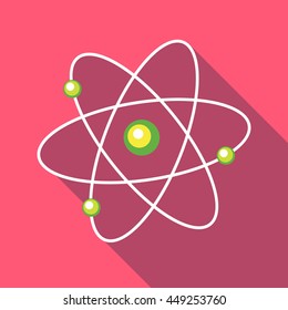 Atom with electrons icon in flat style on a pink background
