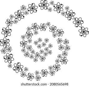 Atom electrons icon spiral collage. Atom electrons icons are scattered into curl design concept. Abstract curl is designed from randomized atom electrons icons.