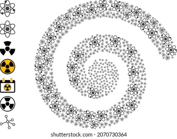 Atom electrons icon spiral rotation collage. Atom electrons symbols are composed into twist mosaic structure. Element spiral is designed from randomly placed atom electrons symbols.