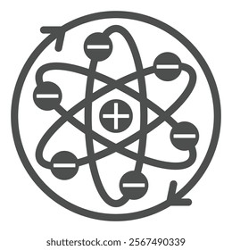 Atom with elliptical orbits solid icon, atomic energy concept. Vector graphics. Rotation arrows of atom structure sign on white background, glyph style icon for mobile or web design