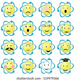 Atom emoticons icons set. Set of atomic emoji. Science / physics smiley set. Flat vector illustration isolated on white background.