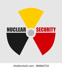 Atom energy danger icon. Nuclear security text. Belgium flag colors