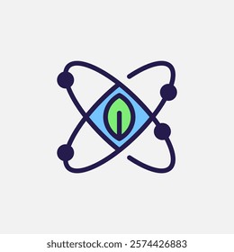 Atom energy and leaf icon flat, free energy, ecology, renewable and green energy concept. Outline and filled colourful icon.