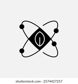 Atom energy and leaf icon glyph, free energy, ecology, renewable and green energy concept. Solid black icon.