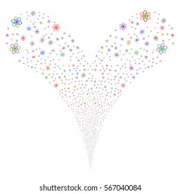 Atom fireworks stream. Vector illustration style is flat bright multicolored iconic symbols on a white background. Object double fountain combined from random design elements.