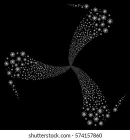 Atom fireworks swirl rotation. Vector illustration style is flat white iconic symbols on a black background. Object spiral constructed from random symbols.