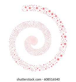 Atom fireworks swirl spiral. Vector illustration style is flat red scattered symbols. Object whirl combined from random pictographs.