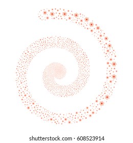 Atom fireworks vortex spiral. Vector illustration style is flat bicolor intensive red and orange scattered symbols. Object whirlpool combined from scattered pictograms.