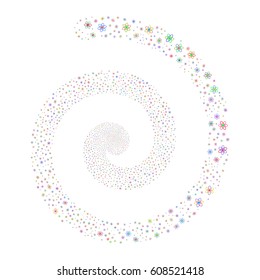 Atom fireworks whirlpool spiral. Vector illustration style is flat bright multicolored scattered symbols. Object whirlpool organized from random icons.