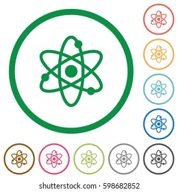 Atom flat color icons in round outlines on white background