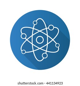 Atom flat linear long shadow icon. Atomic structure model. Physics sign. Vector line symbol
