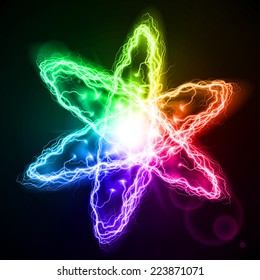 Atom in form colorful star on the black background