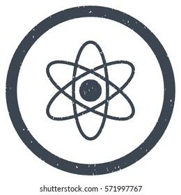 Atom grainy textured icon inside circle for overlay watermark stamps. Flat symbol with dirty texture. Circled dotted vector smooth blue ink rubber seal stamp with grunge design on a white background.