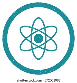 Atom grainy textured icon inside circle for overlay watermark stamps. Flat symbol with unclean texture. Circled dotted vector soft blue ink rubber seal stamp with grunge design on a white background.