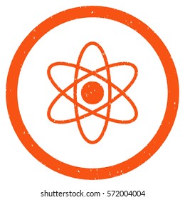 Atom grainy textured icon inside circle for overlay watermark stamps. Flat symbol with scratched texture. Circled dotted vector orange ink rubber seal stamp with grunge design on a white background.