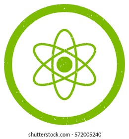 Atom grainy textured icon inside circle for overlay watermark stamps. Flat symbol with dust texture. Circled dotted vector eco green ink rubber seal stamp with grunge design on a white background.