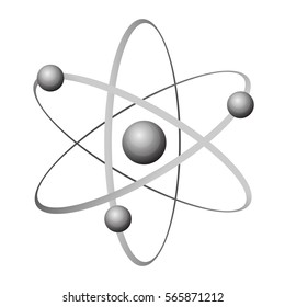 Atom grey icon with circles and balls inside and on lines isolated on white. Vector illustration of the smallest constituent unit of ordinary matter that has the properties of a chemical element.