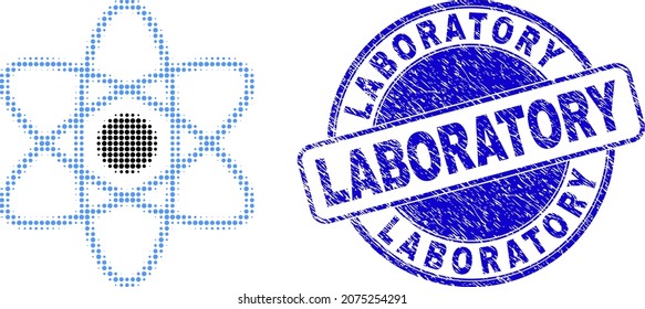 Atom halftone dotted icon with Laboratory seal stamp. Blue vector round textured seal with Laboratory phrase inside round shape. Halftone atom icon pattern contains round dots.