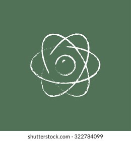 Atom hand drawn in chalk on a blackboard vector white icon isolated on a green background.