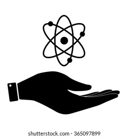 Atom in hand icon,  sciense care symbol vector illustration. Flat design style