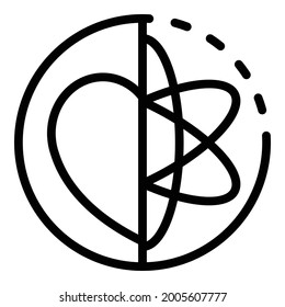 Atom and heart in a circle icon. Outline atom and heart in a circle vector icon for web design isolated on white background