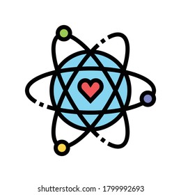 átomo con vector de icono de color del núcleo del corazón. átomo con signo del núcleo del corazón. ilustración de símbolo aislado