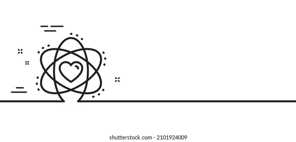 Atom with heart line icon. Energy sign. Chemical element symbol. Minimal line illustration background. Atom line icon pattern banner. White web template concept. Vector