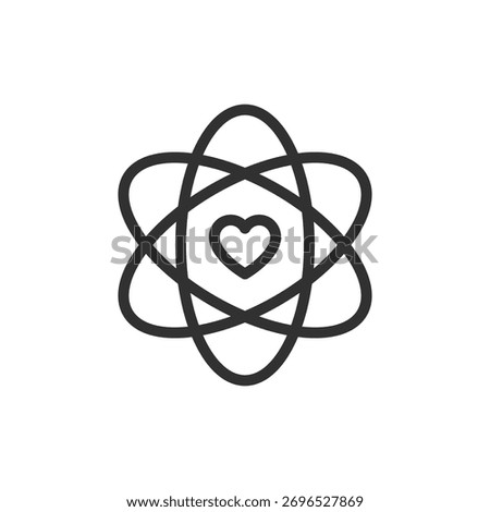 Atom with heart, linear icon. Science and care connection concept. Line with editable stroke