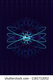Atom HUD in blue background with numbers and futuristic lines. Vector.