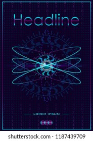 Atom HUD in blue background with numbers and futuristic lines. Good for Portfolio, Brochure, Annual Report, Flyer, Magazine, Academic Journal, Website, Poster, Monograph. Vector.