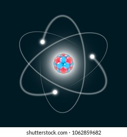 Atom icon, 3D like abstract atom structure model with electrons orbiting the nucleus which composed of neutrons and protons, nuclear science design element