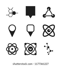 atom icon. 9 atom vector icons set. atomic orbitals, map pin and molecules icons for web and design about atom theme