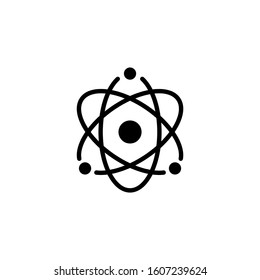 Atom icon in black flat design on white background. Symbol of science, education, nuclear physics, scientific research. Electrons and protonssign