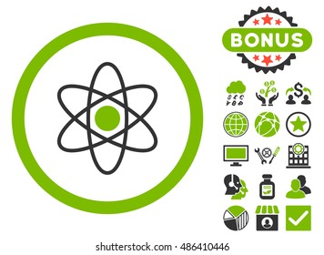 Atom icon with bonus pictogram. Vector illustration style is flat iconic bicolor symbols, eco green and gray colors, white background.