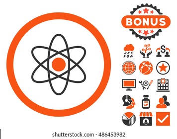 Atom icon with bonus pictogram. Vector illustration style is flat iconic bicolor symbols, orange and gray colors, white background.