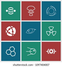 Atom icon. collection of 9 atom filled and outline icons such as pressure, chemical structure, core, nuclear explosion. editable atom icons for web and mobile.