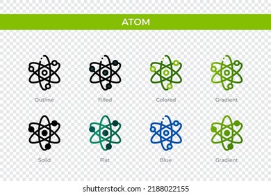 Atom icon in different style. Atom vector icons designed in outline, solid, colored, filled, gradient, and flat style. Symbol, logo illustration. Vector illustration