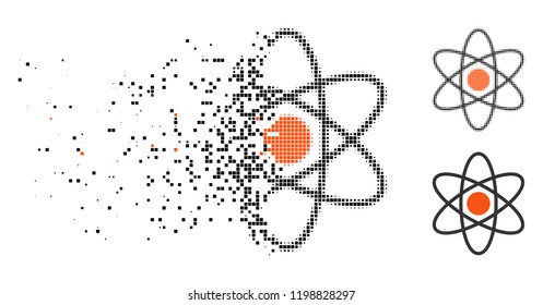 Atom icon in dissipating, dotted halftone and undamaged whole versions. Pixels are combined into vector dissipated atom symbol. Disappearing effect uses square pixels.