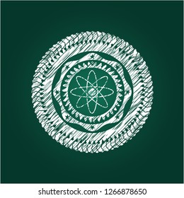 atom icon drawn chalk emblem, retro style, chalk or chalkboard texture