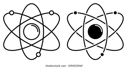 Atom icon. Electrons revolve around proton in orbits. School education in physics. Nuclear power. Simple black and white vector