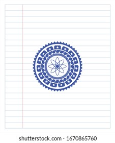 atom icon emblem draw with pen effect. Blue ink. Vector Illustration. Detailed.