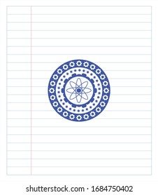 atom icon emblem draw with pen effect. Blue ink. Vector Illustration. Detailed.