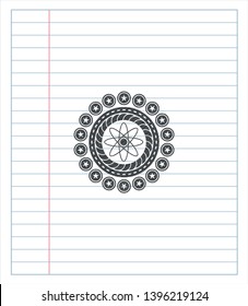 atom icon emblem with pencil effect. Vector Illustration. Detailed.
