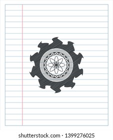 atom icon emblem with pencil effect. Vector Illustration. Detailed.