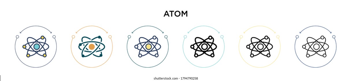 Atom icon in filled, thin line, outline and stroke style. Vector illustration of two colored and black atom vector icons designs can be used for mobile, ui, web