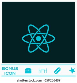 Atom icon flat. Blue pictogram on dark background. Vector illustration symbol and bonus icons