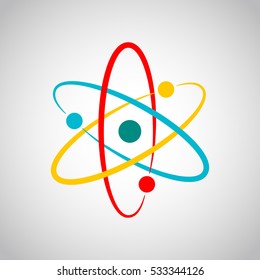 Atom icon in flat design. Colored molecule symbol or atom symbol isolated. Vector illustration.