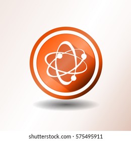 Atom Icon In Flat Design/
Illustration of an orange flat design atom icon, symbolizing science and nuclear energy