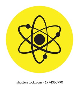 Atom icon in flat design. molecular sign on yellow background. Atom science orbit outline symbol vector. Orbiting atoms.