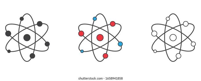Atom icon in flat design. Set gray molecule symbol or atom symbol isolated. Vector illustration